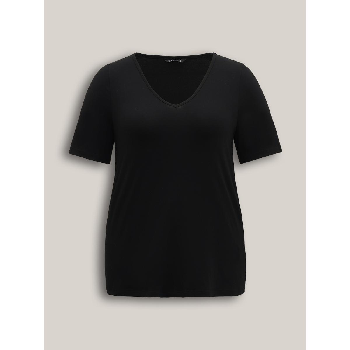 Plus Size Cotton V Neck Plain Basic T-shirt Black Women Basics Non Plain V-neck Everyday T-shirts BloomChic 12/L Product Image