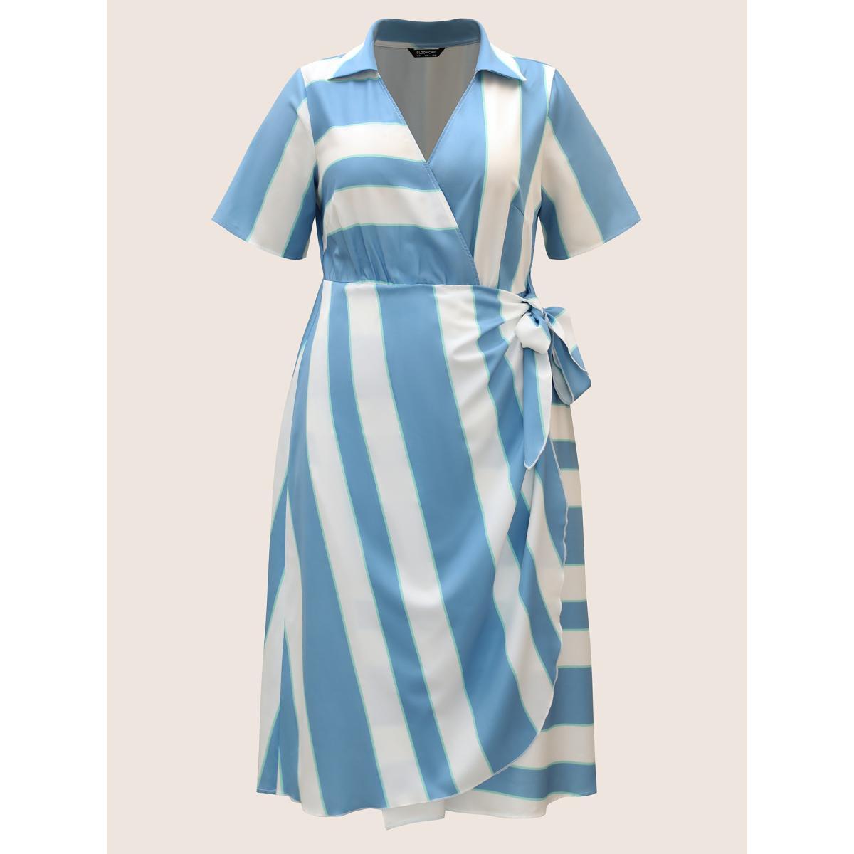 Plus Size Geometric Surplice Neck Tie Knot Midi Dress Stone Women At the Office Tie knot Shirt collar Short sleeve Curvy BloomChic 22-24/3X Product Image