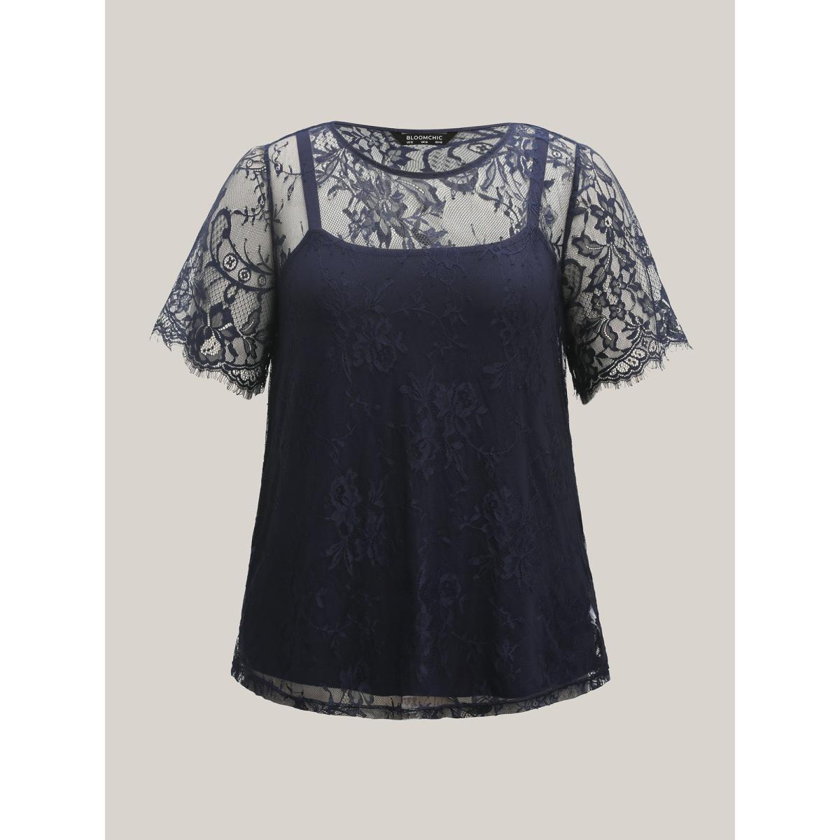 Plus Size Two-Piece Romantic Sheer Lace Lined T-Shirt Indigo Women See through Round Neck Everyday-Elegant T-shirts BloomChic 10/M Product Image