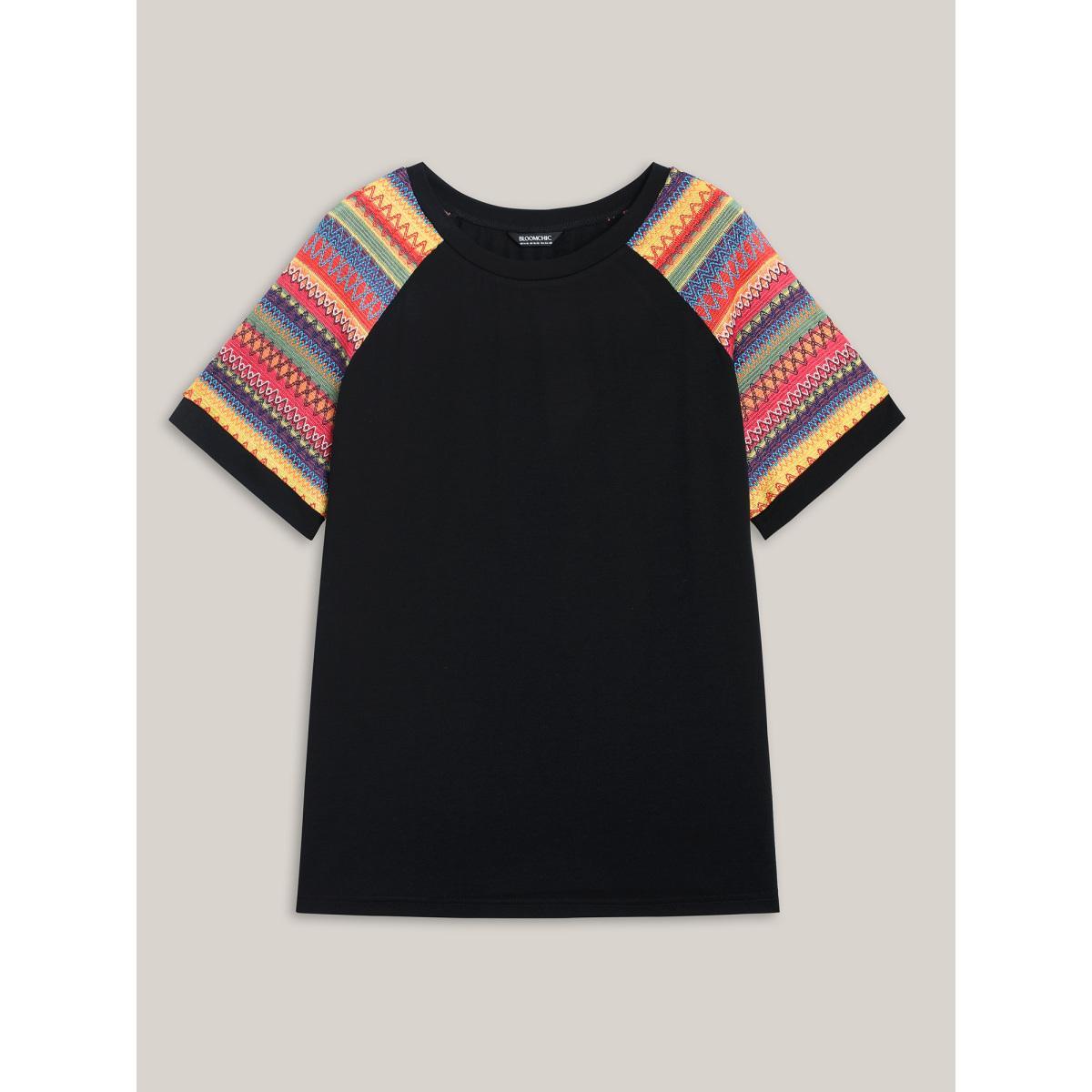 Plus Size Multi-Color Striped Sleeve Spliced T-Shirt Black Women Casual Contrast Round Neck Everyday T-shirts BloomChic 28/5X Product Image