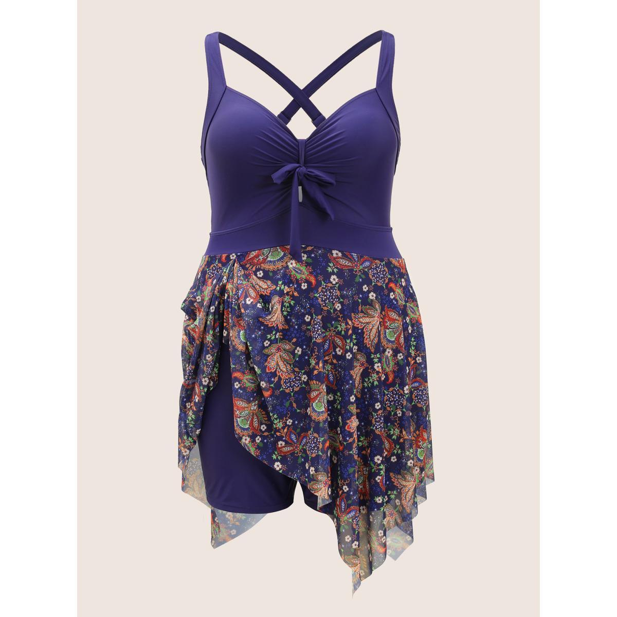 Plus Size Patchwork Ruched Knot Asymmetrical Hem Swim Dress Women's Swimwear Indigo Beach Bodycon Heart neckline High stretch Curve Swim Dresses BloomChic 18-20/2X Product Image