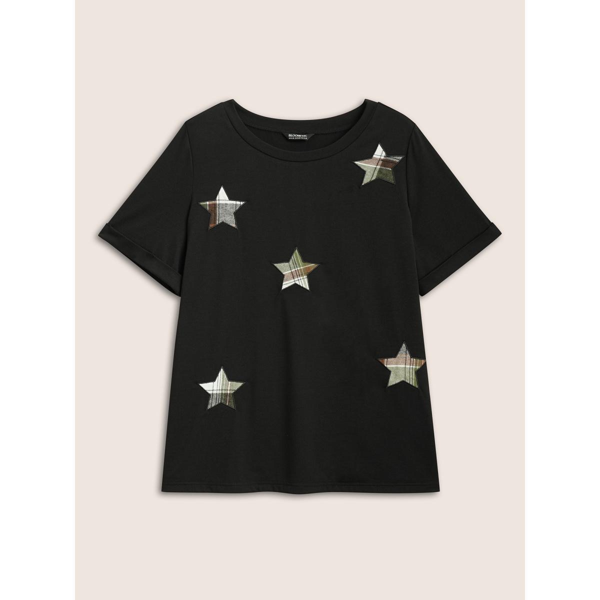 Plus Size Star Embroidered Patch Round Neck T-shirt Black Women Casual Contrast Star and moon Round Neck Everyday T-shirts BloomChic 30/6X Product Image