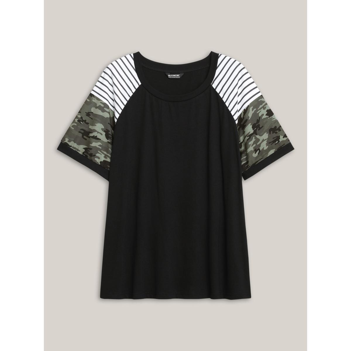 Plus Size Striped Camouflage Print Round Neck T-Shirt Black Women Contrast Round Neck Everyday-Casual T-shirts BloomChic 28/5X Product Image