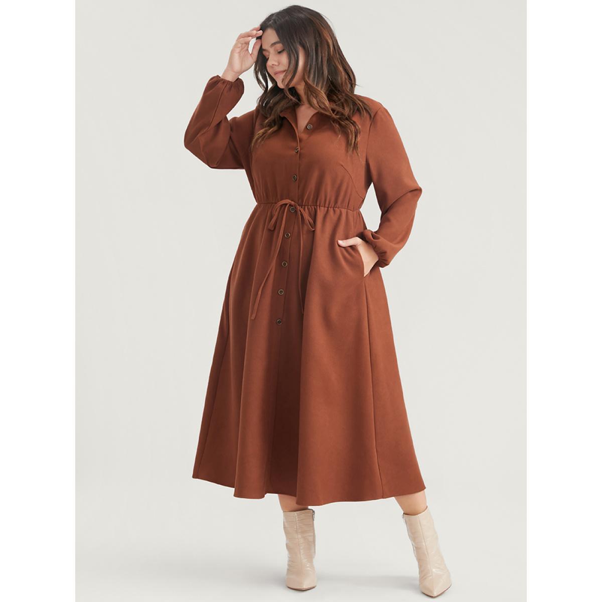 Plus Size Solid Tie Up Shirt Collar Pocket Button Detail Corduroy Dress Chocolate Women Office Button Shirt collar Long Sleeve Curvy Midi Dress BloomChic 26/4X Product Image