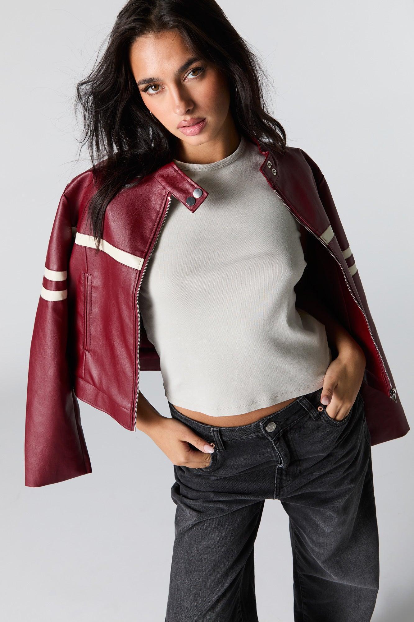 Faux Leather Contrast Striped Moto Jacket Female Product Image