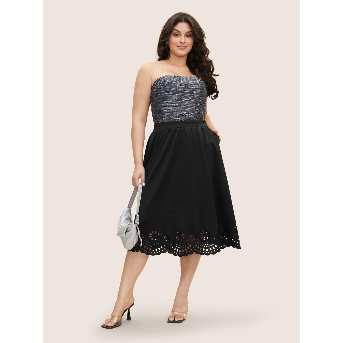 Plus Size Laser Cut Elastic Waist Pocket Skirt Women Black Formal Cut-Out Medium stretch Side seam pocket Party Skirts BloomChic 30/6X Product Image