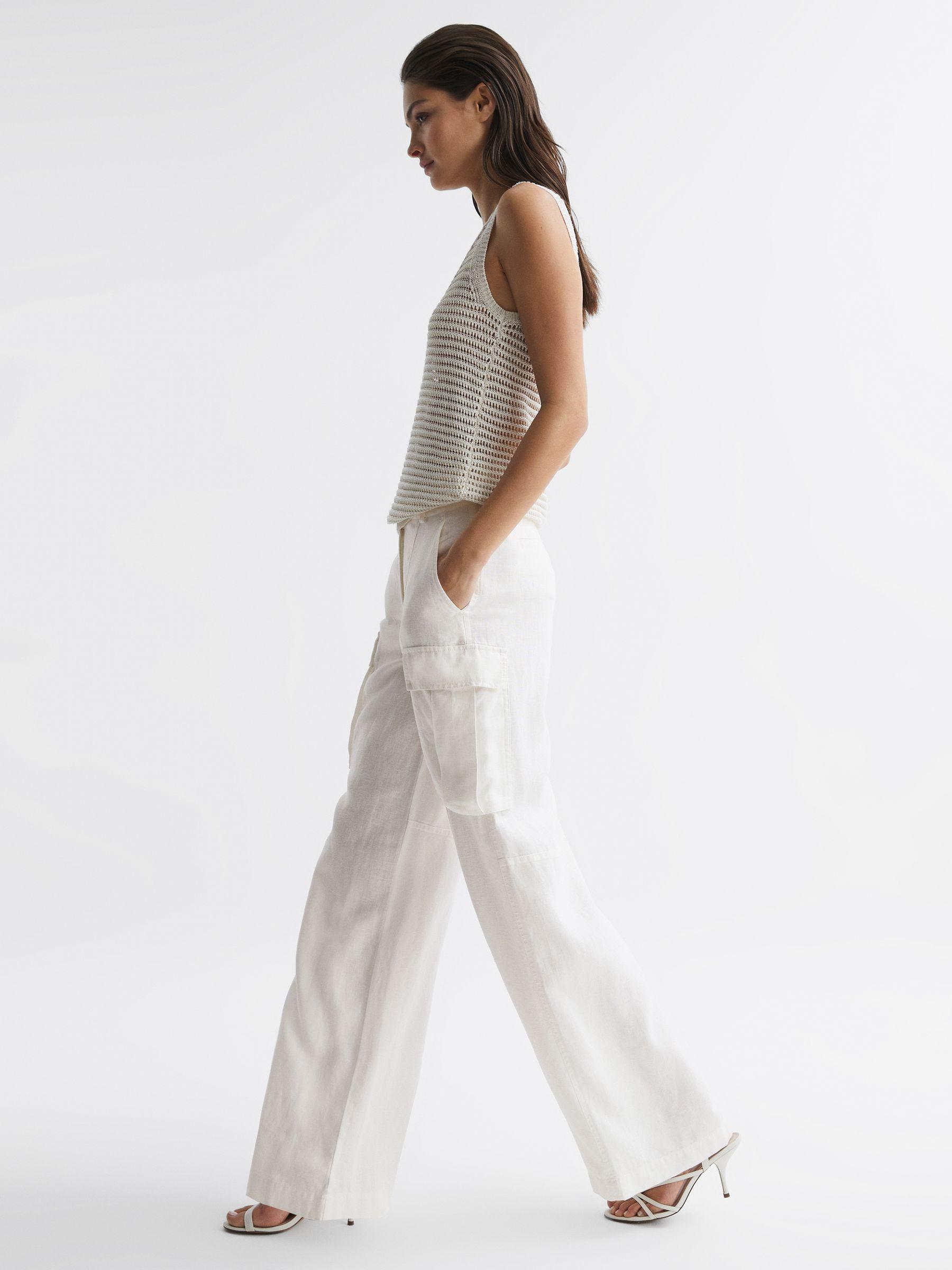 Linen Wide Leg Trousers in White Product Image
