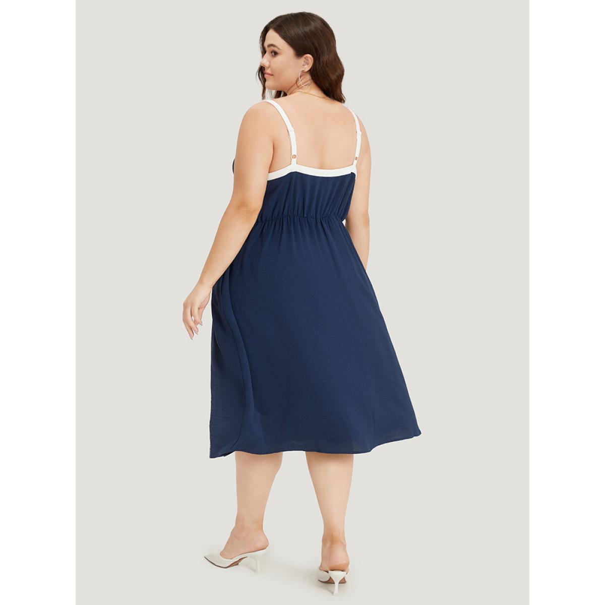 Plus Size Contrast Trim Pocket Button Detail Gathered Cami Dress Indigo Women Office Adjustable Straps Spaghetti Strap Sleeveless Curvy Midi Dress BloomChic 28/5X Product Image