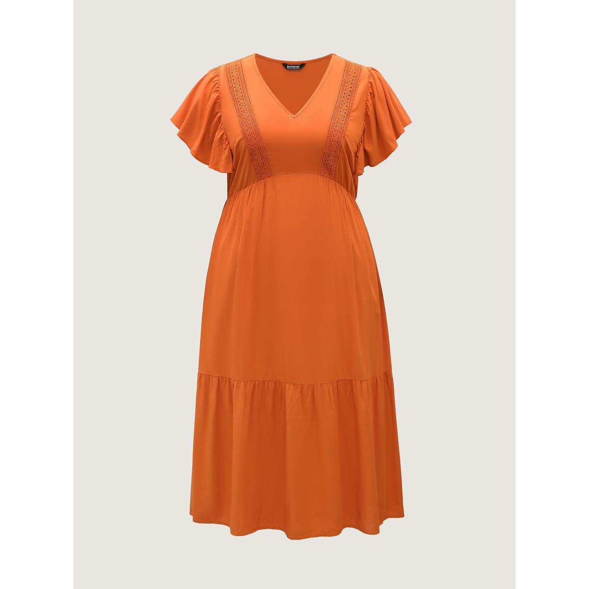 Plus Size Rayon Stretchy Waist Lace Midi Dress OrangeRed Women V-neck Short sleeve Curvy BloomChic 14-16/1X Product Image