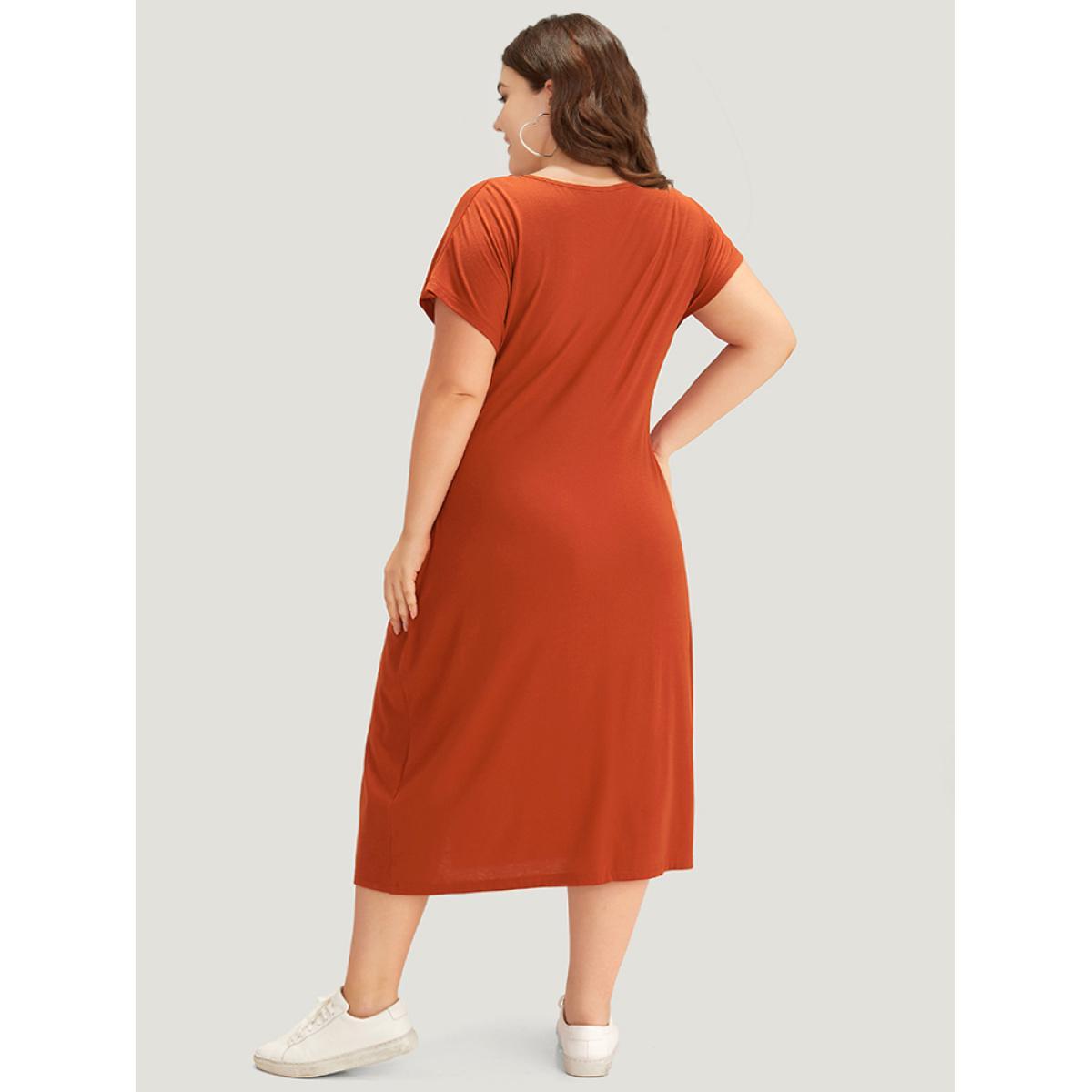 Plus Size Supersoft Essentials Solid Twist Front Split Hem Dress Rust Women Casual Plain Round Neck Short sleeve Curvy Midi Dress BloomChic 30/6X Product Image
