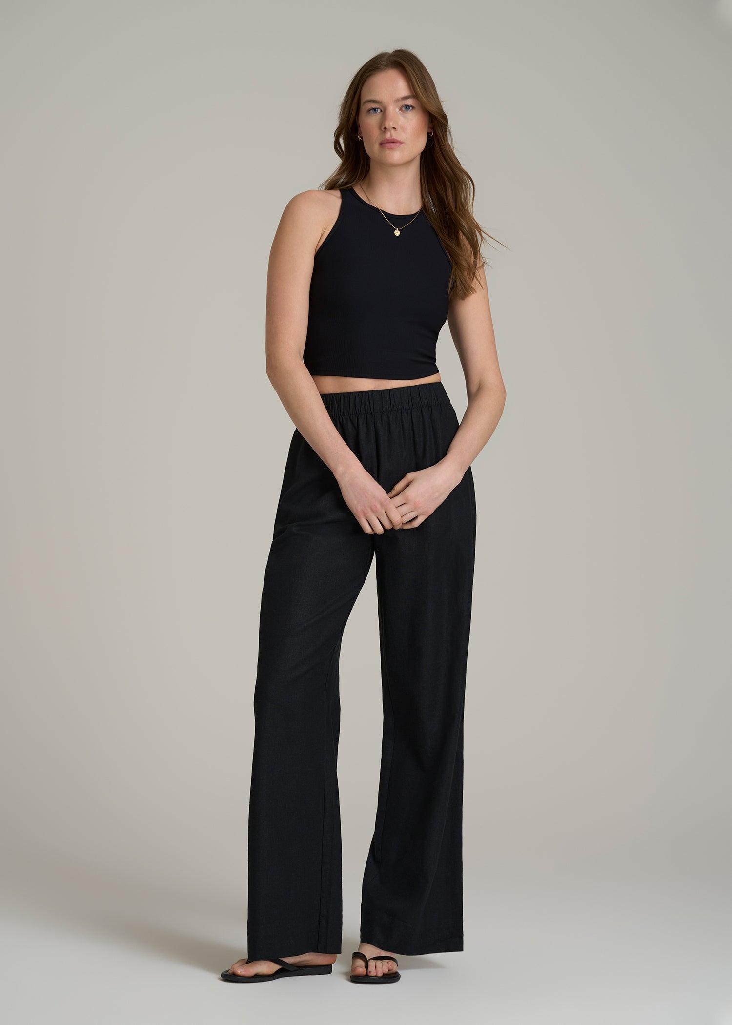 Pull On Wide Leg Linen Pants for Tall Women in Black Product Image