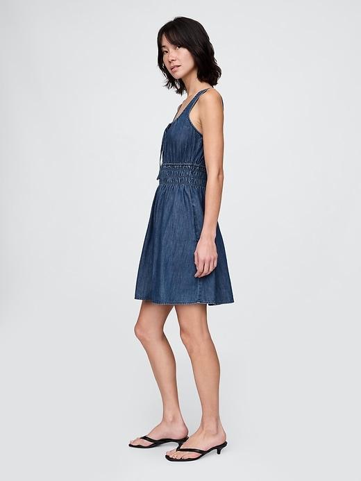 Denim Tie-Front Smocked Waist Mini Dress Product Image