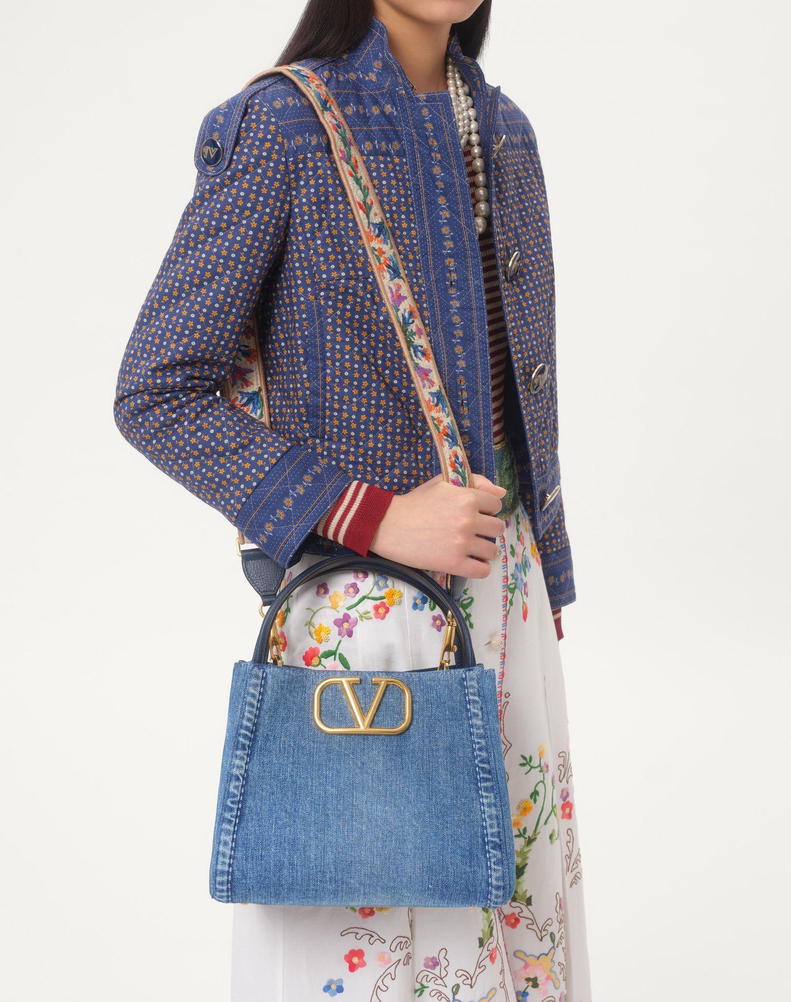 Valentino Garavani Alltime Medium Handbag In Denim With Embroidered Strap Product Image
