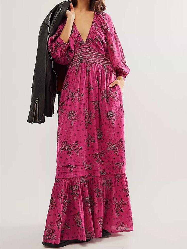 Puff-Sleeve V-Neck Floral Print Maxi A-Line Dress Product Image