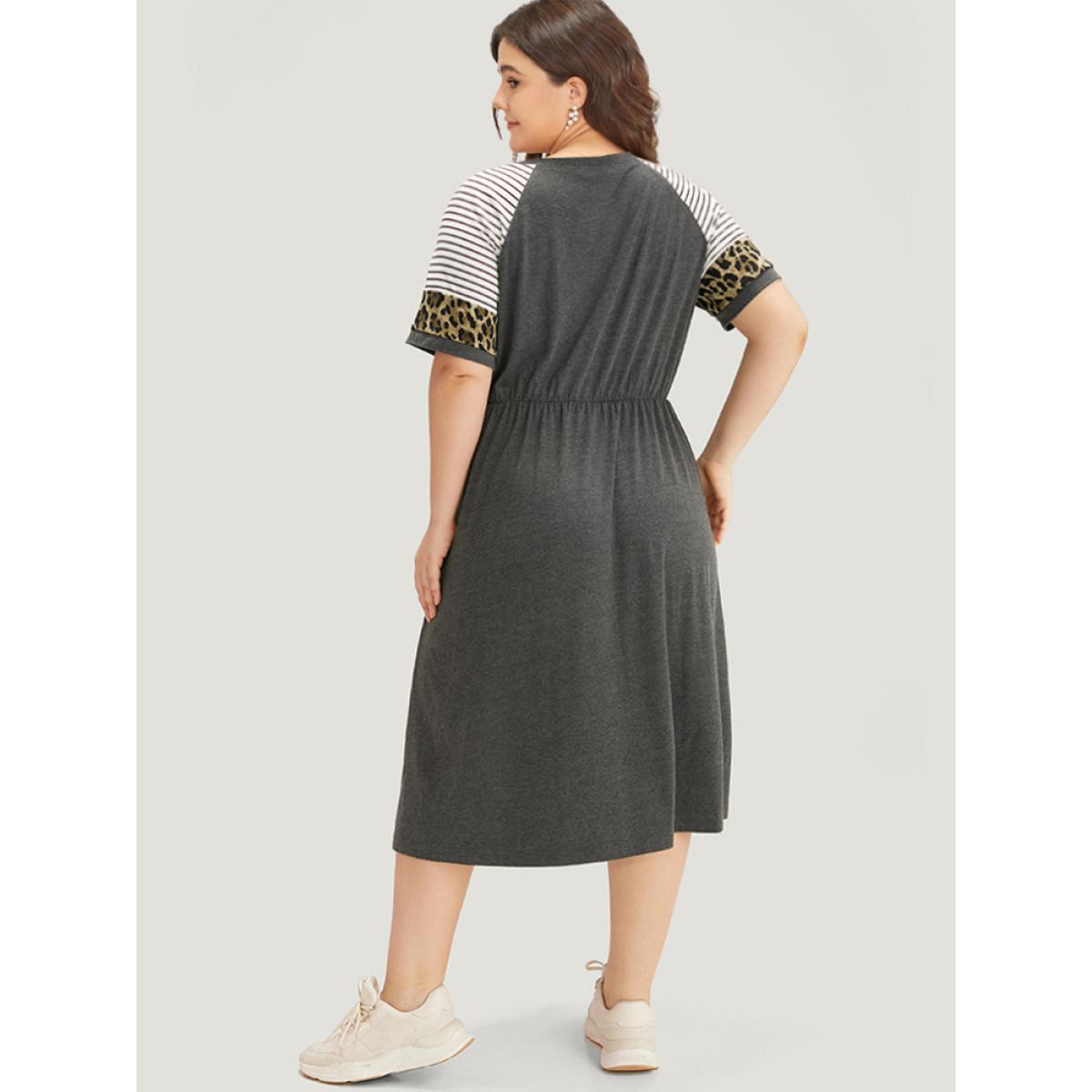 Plus Size Supersoft Essentials Leopard Striped Patchwork Raglan Sleeve Dress DimGray Women Casual Gathered Round Neck Short sleeve Curvy Midi Dress BloomChic 14-16/1X Product Image