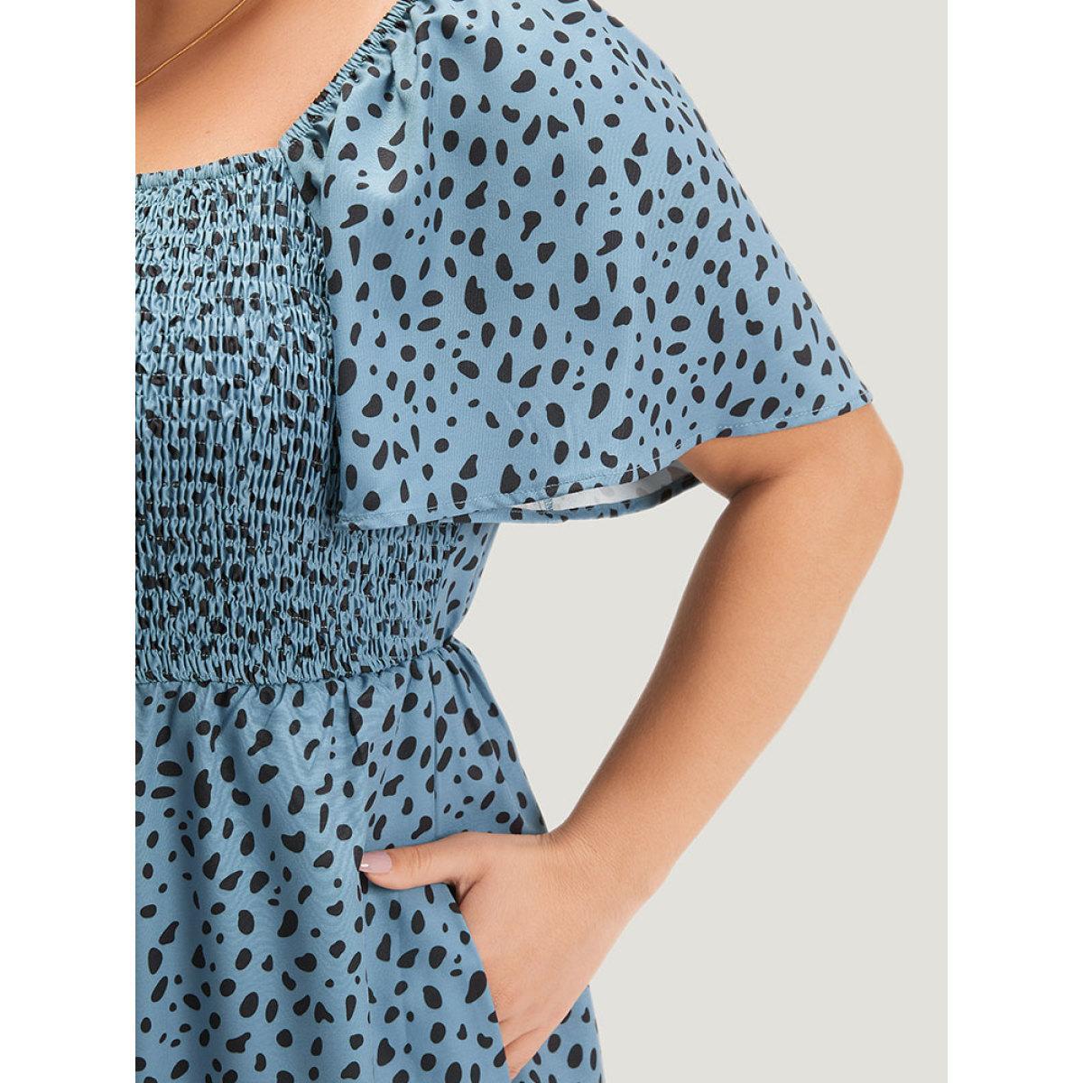 Plus Size DarkBlue Leopard Print Square Neck Shirred Flutter Sleeve Jumpsuit Women Elegant Short sleeve Square Neck Dailywear Loose Jumpsuits BloomChic 22-24/3X Product Image