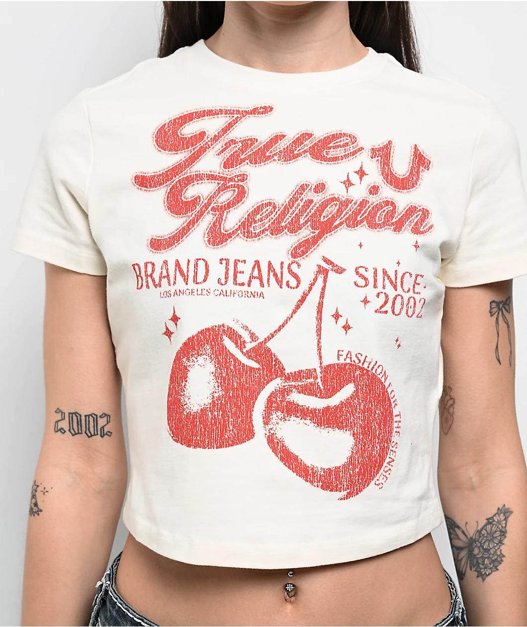 True Religion Vintage Cherry Logo Winter White Crop T-Shirt Product Image