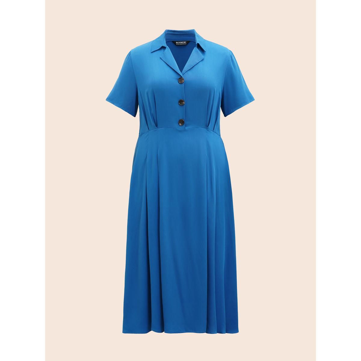 Plus Size Plain Shirt Collar Pleated Midi Dress Mediumblue Women At the Office Pleated Shirt collar Short sleeve Curvy BloomChic 12/L Product Image