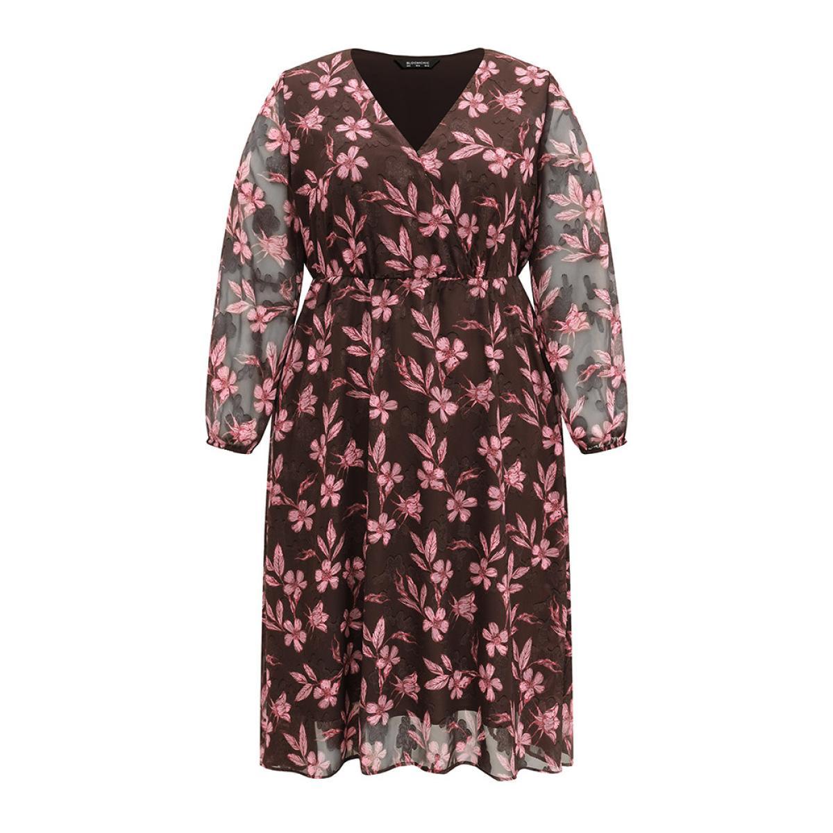 Plus Size Floral Mesh Patchwork Lantern Sleeve Wrap Dress DarkBrown Women Elegant Elastic cuffs Overlap Collar Long Sleeve Curvy Midi Dress BloomChic 14-16/1X Product Image