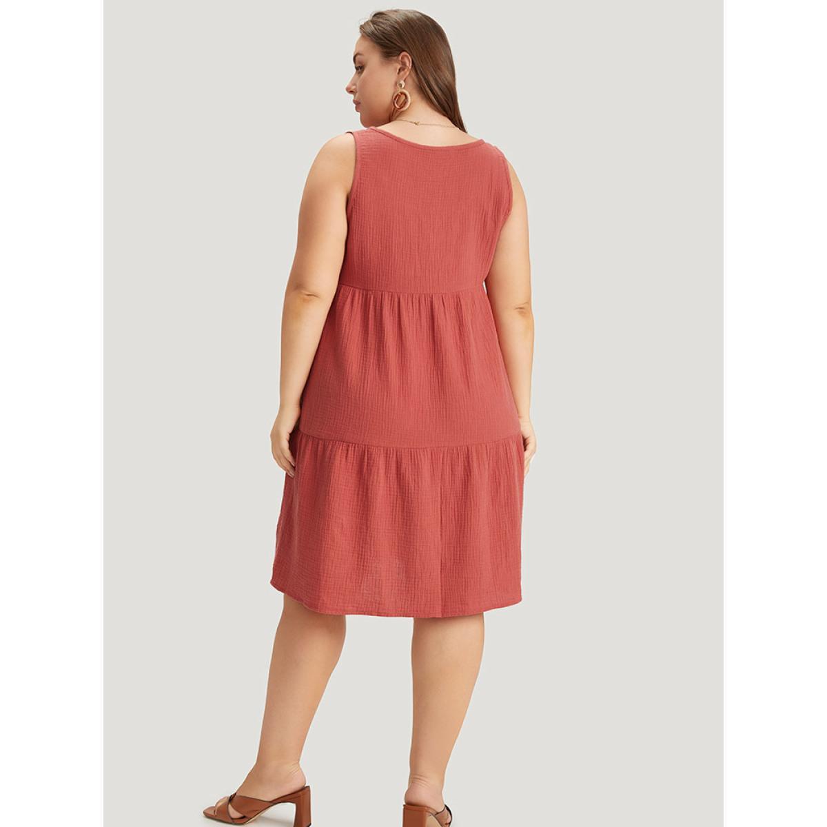 Plus Size Solid Button Detail Layered Hem Tank Dress Rust Women Vacation Button Round Neck Sleeveless Curvy Knee Dress BloomChic 18-20/2X Product Image