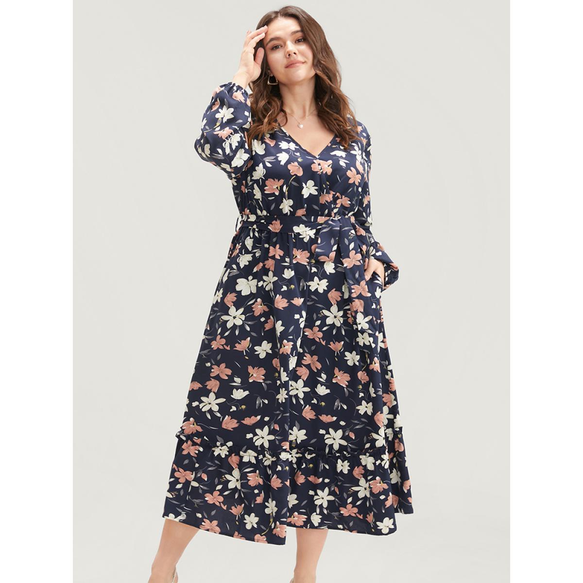 Plus Size Floral Printed Lantern Sleeve Pocket Belted Surplice Neck Dress DarkBlue Women Elegant Pocket V-neck Long Sleeve Curvy Midi Dress BloomChic 22-24/3X Product Image