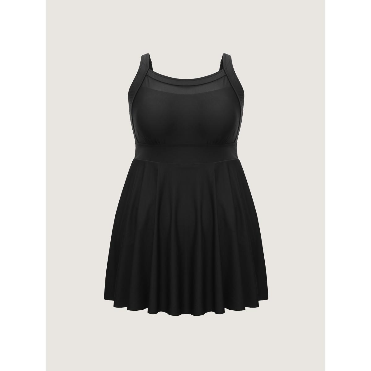 Plus Size Sheer Round Neck Pockets Swim Dress Women's Swimwear Black Beach Bodycon U-neck High stretch Curve Swim Dresses BloomChic 18-20/2X Product Image