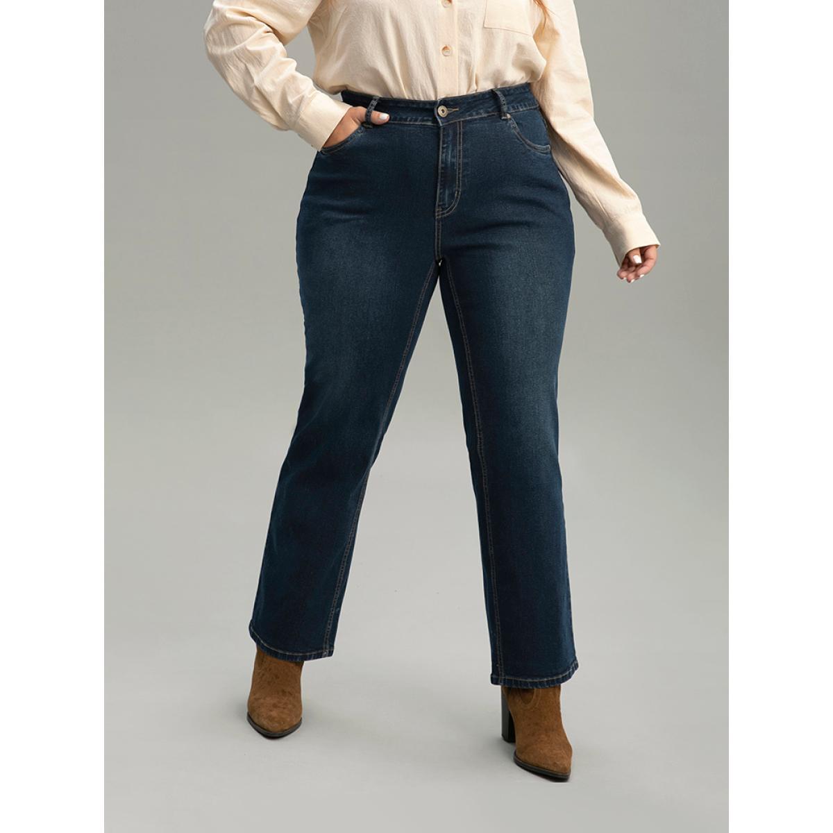 Plus Size Zipper Fly Straight Leg High Rise Jeans Women Indigo Casual Plain Plain High stretch Pocket Jeans BloomChic 16/1X Product Image