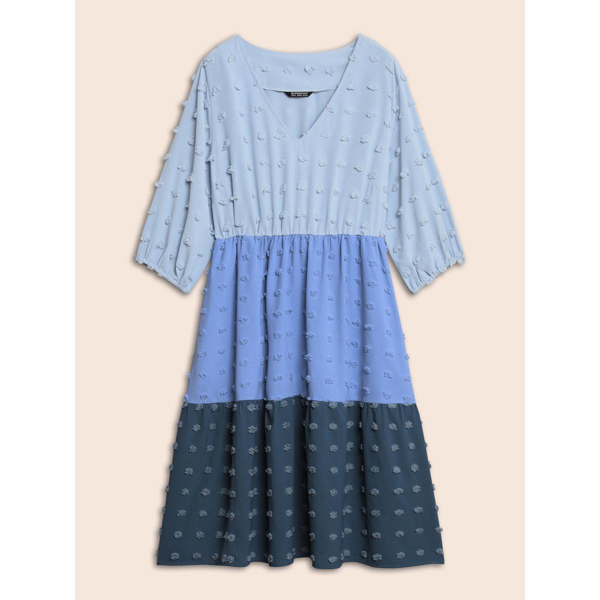 Plus Size Textured Colorblock Contrast Lantern Sleeve Dress LightBlue Women Elegant Texture V-neck Elbow-length sleeve Curvy BloomChic 10/M Product Image