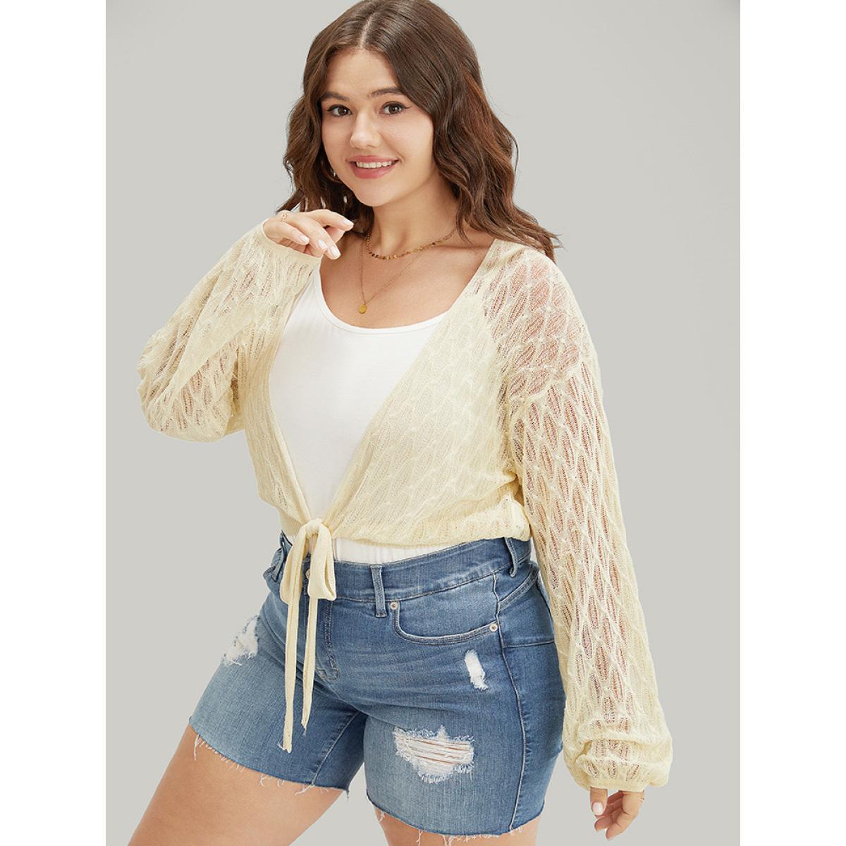 Plus Size Plain Argyle Eyelet Knotted Open Front Cardigan Beige Women Vacation Long Sleeve Going out Cardigans BloomChic 22-24/3X Product Image