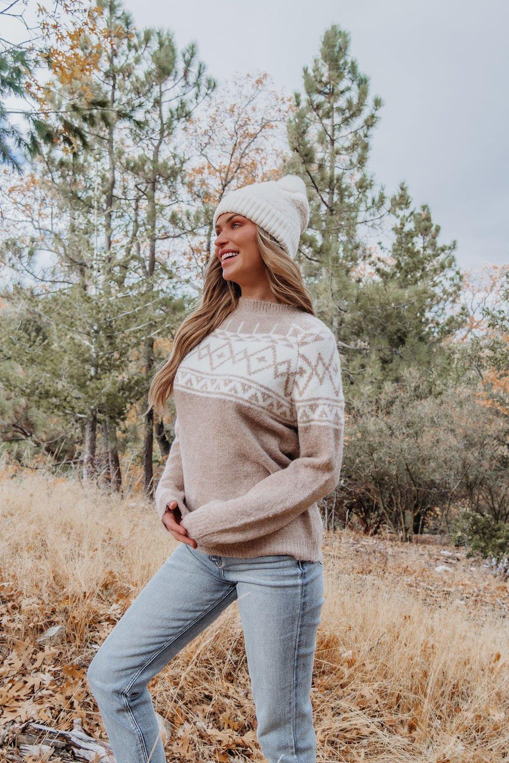 Taupe Aztec Print Mock Neck Sweater - FINAL SALE Product Image