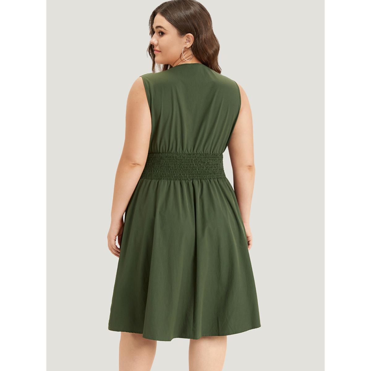 Plus Size Plain Zipper Fly Shirred Split Hem Tank Dress ArmyGreen Women Office Plain Spaghetti Strap Sleeveless Curvy Midi Dress BloomChic 26/4X Product Image