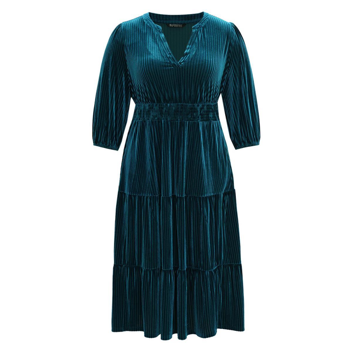 Plus Size Velvet Shirred Pocket Notched Dress Black Women Elegant Elastic cuffs Notched collar Elbow-length sleeve Curvy Midi Dress BloomChic 10/M Product Image