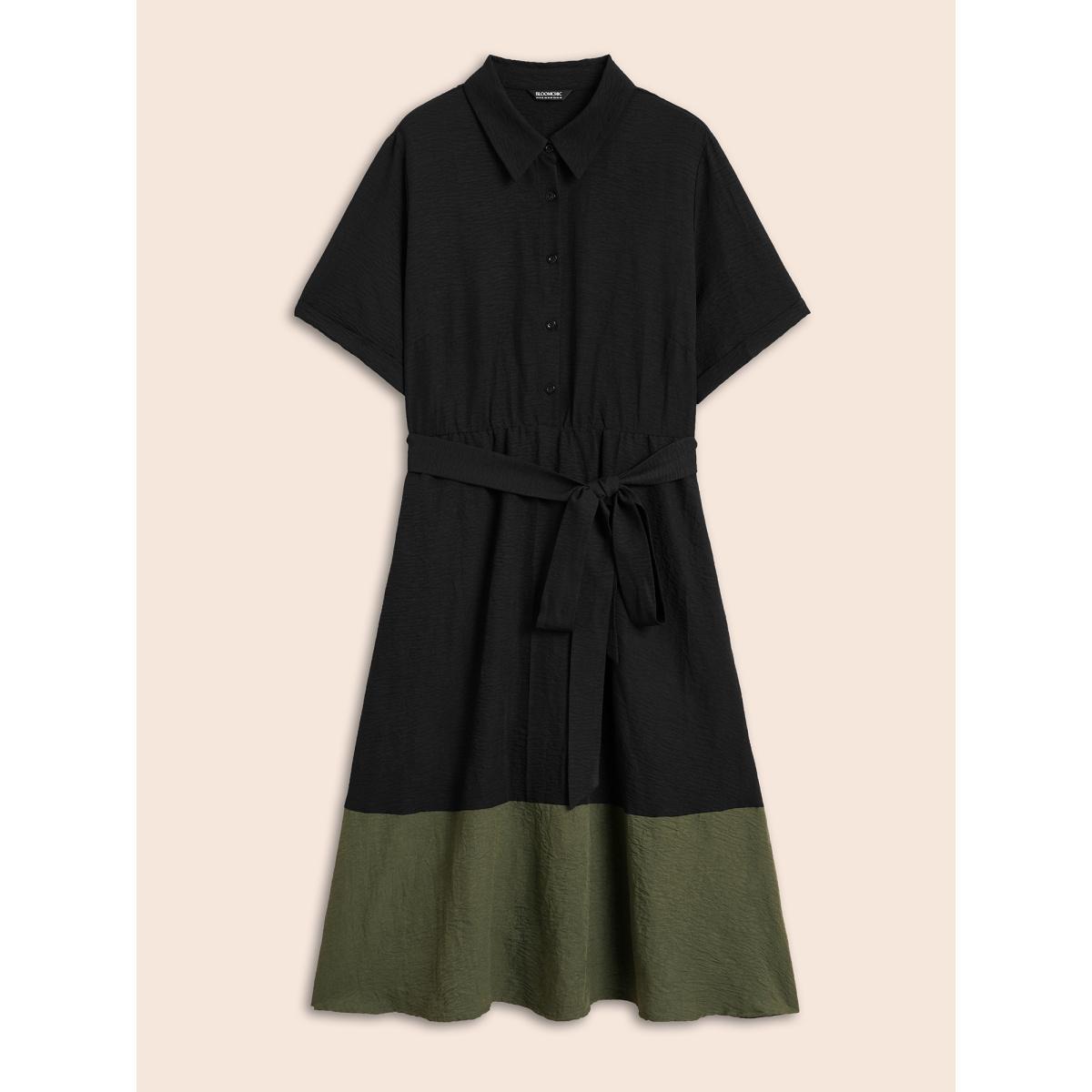 Plus Size Shirt Collar Contrast Patchwork Belted Midi Dress ArmyGreen Women At the Office Belted Shirt collar Half Sleeve Curvy BloomChic 12/L Product Image