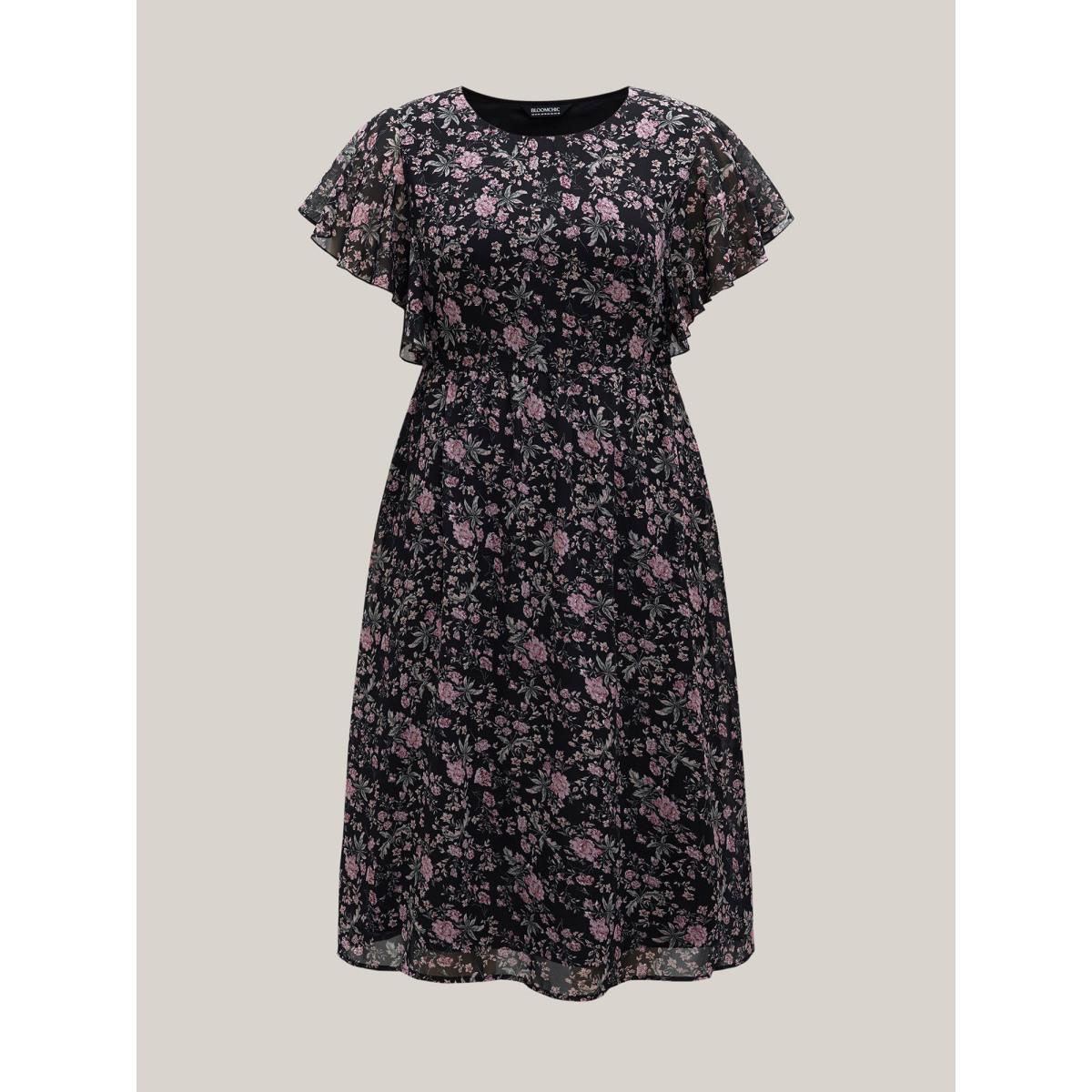 Plus Size Chiffon Floral Print Ruffled Midi Dress BlackFlower Women Elegant Ruffles Round Neck Short sleeve Curvy BloomChic 12/L Product Image