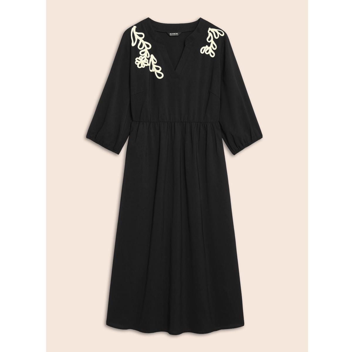 Plus Size Notched Stereo Flower Design Midi Dress Black Women Resort Woven ribbon&lace trim Notched collar Elbow-length sleeve Curvy BloomChic 14-16/1X Product Image