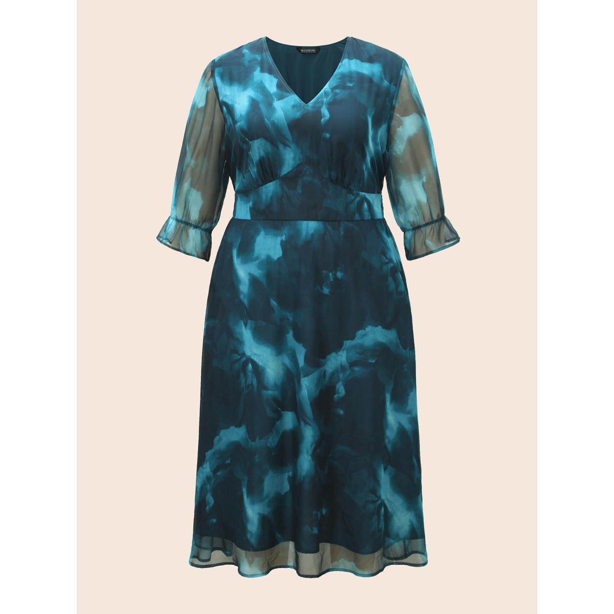 Plus Size Water Ripple Print Mesh Ruffles Shirred Dress Aegean Women Cocktail See through Party Curvy Bloomchic 30/6X Product Image