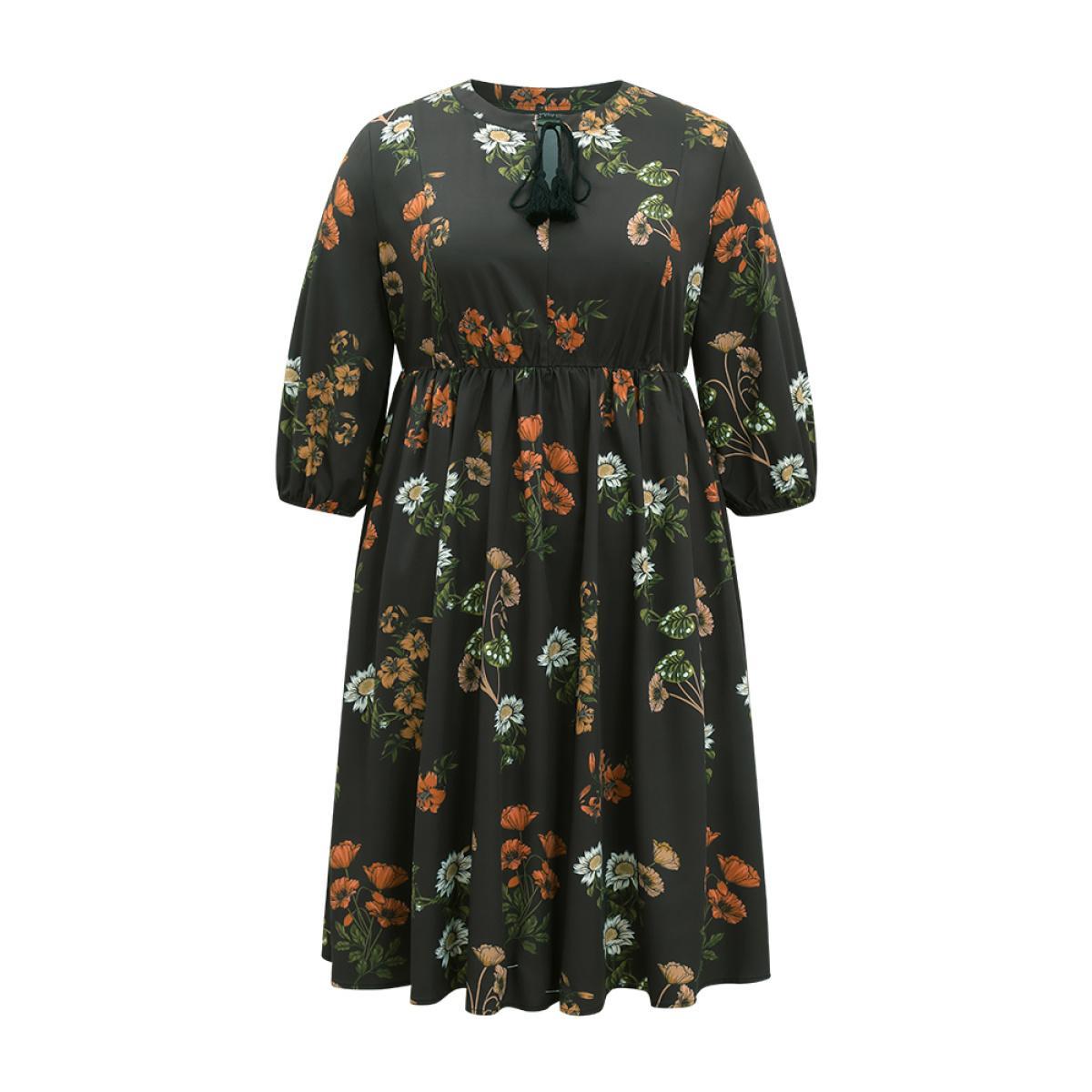 Plus Size Floral Tassel Trim Gathered Knot Neck Dress Black Women Vacation Elastic cuffs Tie Neck Elbow-length sleeve Curvy Knee Dress BloomChic 30/6X Product Image