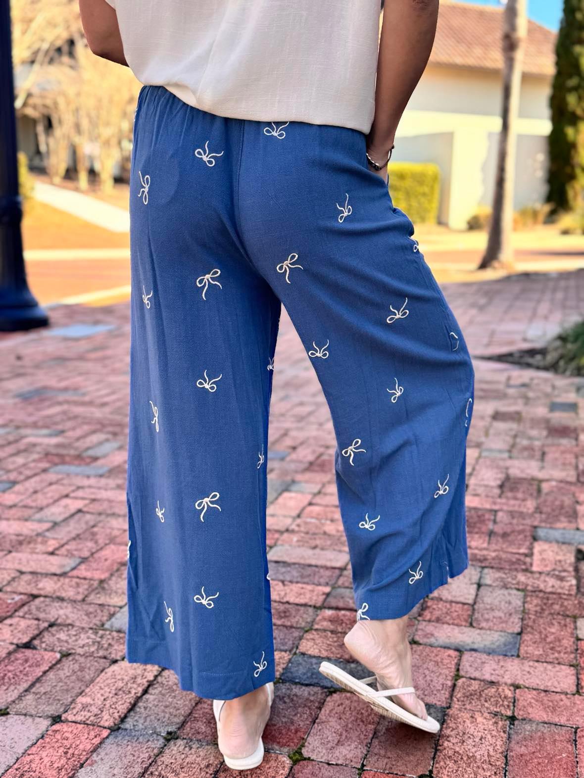 Bow Embroidery Linen Pant Product Image