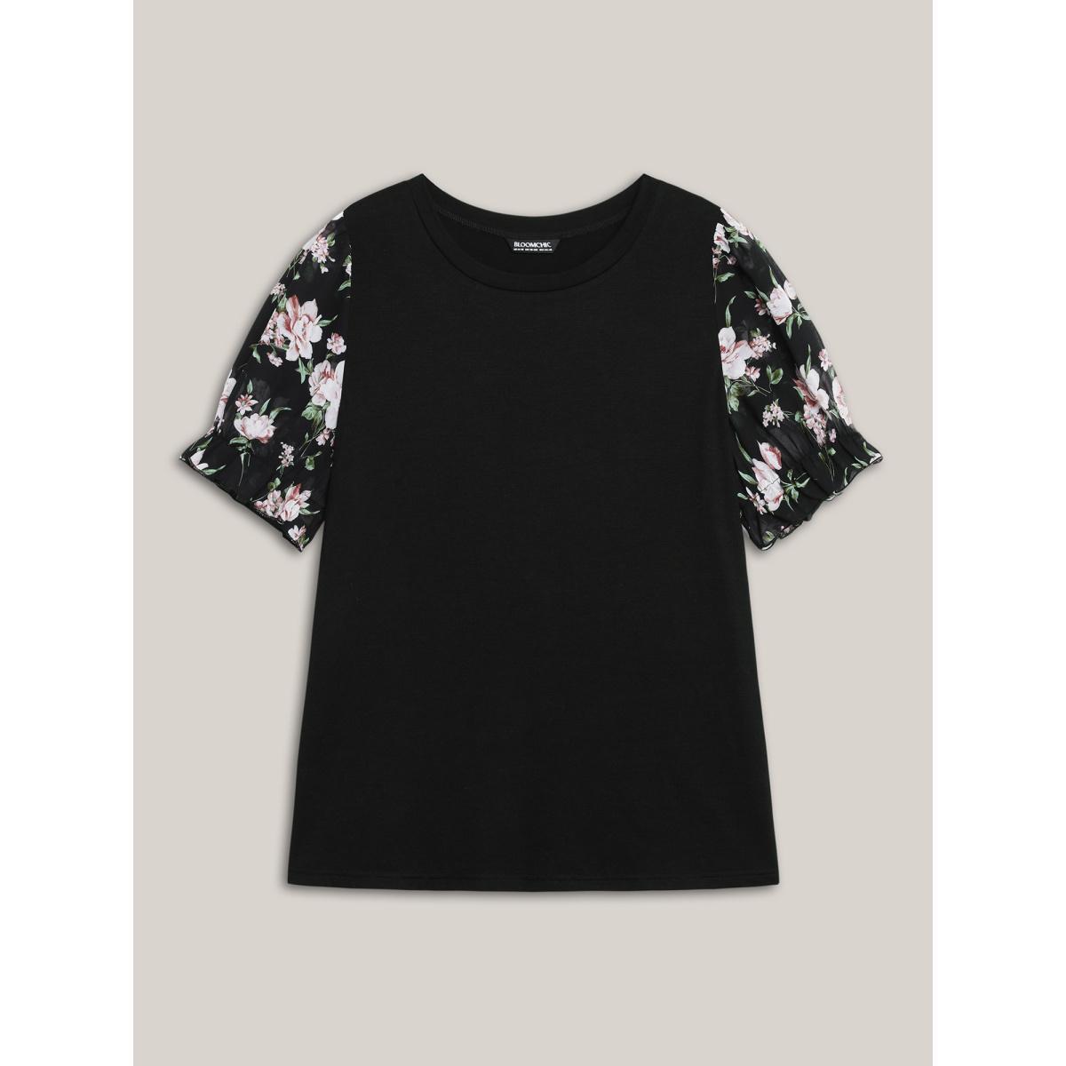 Plus Size Printed Puff Sleeve Crew Neck T-Shirt Black Women Elegant Gathered Natural Flowers Round Neck Everyday T-shirts BloomChic 22-24/3X Product Image