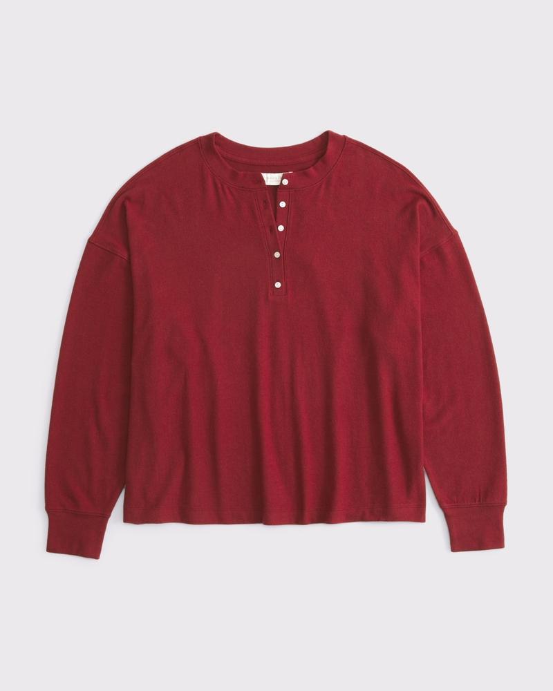Long-Sleeve Cozy Lounge Knit Oversized Henley Top Product Image