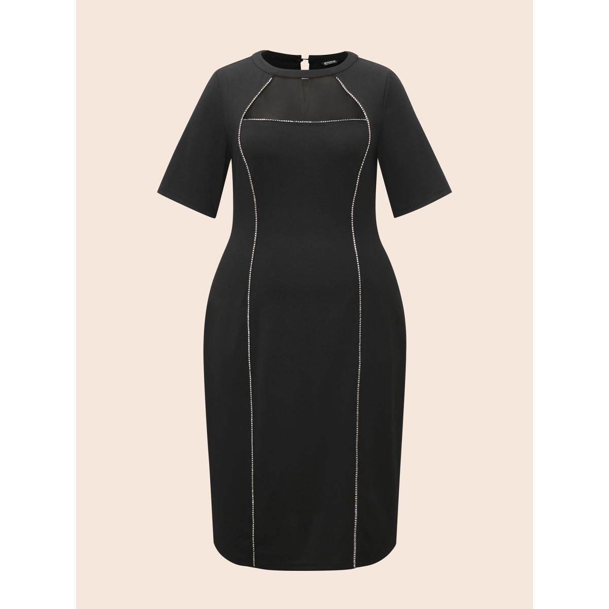 Plus Size Crew Neck Rhinestone Patchwork Mesh Dress Black Women Cocktail Rhinestone detailing Party Curvy Bloomchic 28/5X Product Image