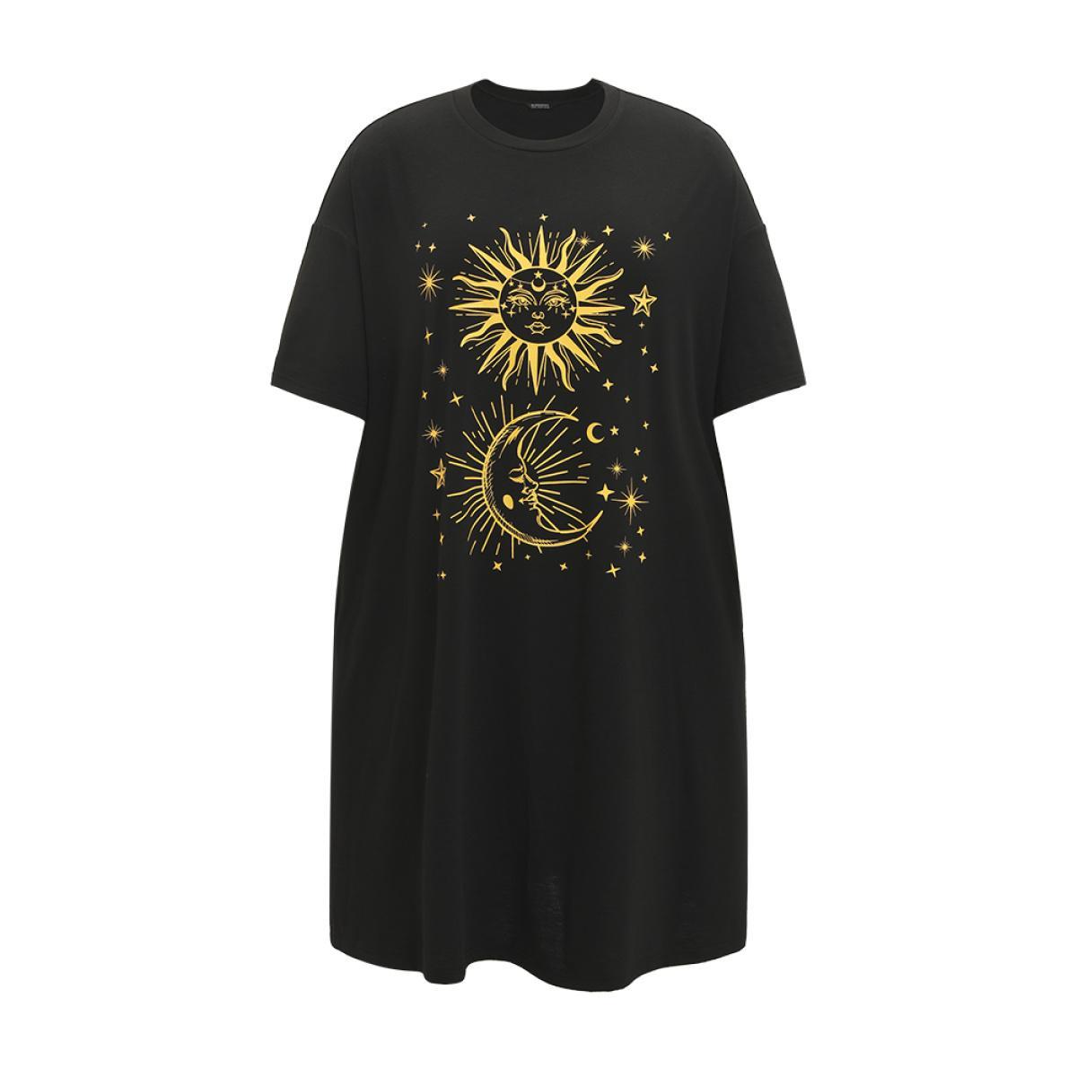Plus Size Supersoft Essentials Star & Moon Print Pocket Crew Neck Dress Black Women Casual Plain Curvy Knee Dress BloomChic 22-24/3X Product Image