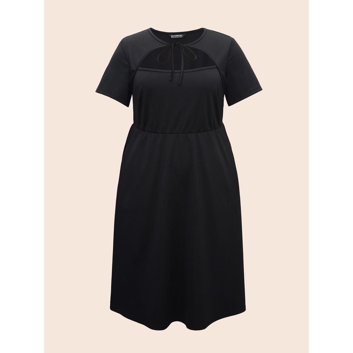 Plus Size Plain Cut Out Tie Knot Dress Black Women Casual Tie knot Round Neck Short sleeve Curvy BloomChic 22-24/3X Product Image