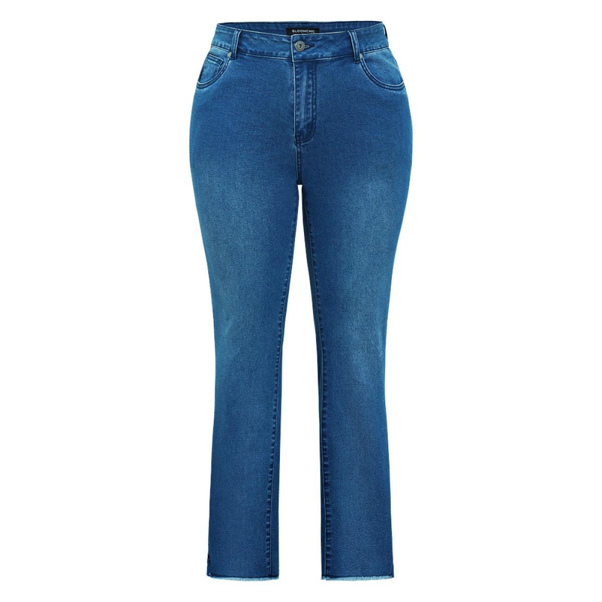 Plus Size Very Stretchy High Rise Medium Wash Lace Insert Raw Hem Jeans Women Indigo Casual Plain Patchwork High stretch Side seam pocket Jeans BloomChic 22/3X Product Image