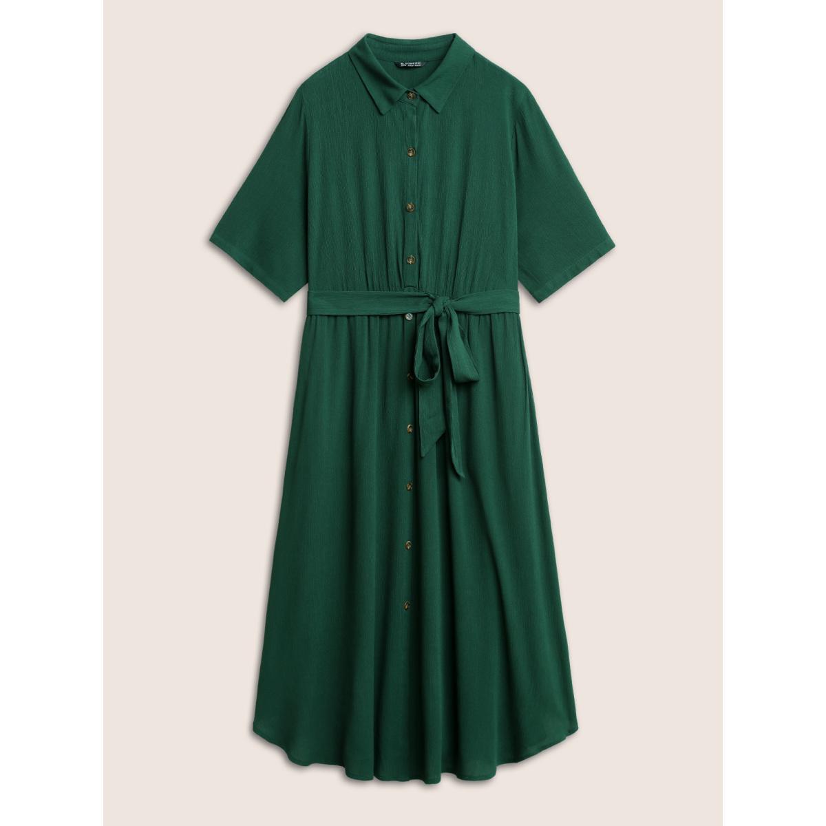 Belted Shirt Collar Button Plus Size Shirtdress Women Workleisure Plain Sleeve Short Sleeve Shirt Collar Pocket Workwear Long Dress BloomChic Product Image