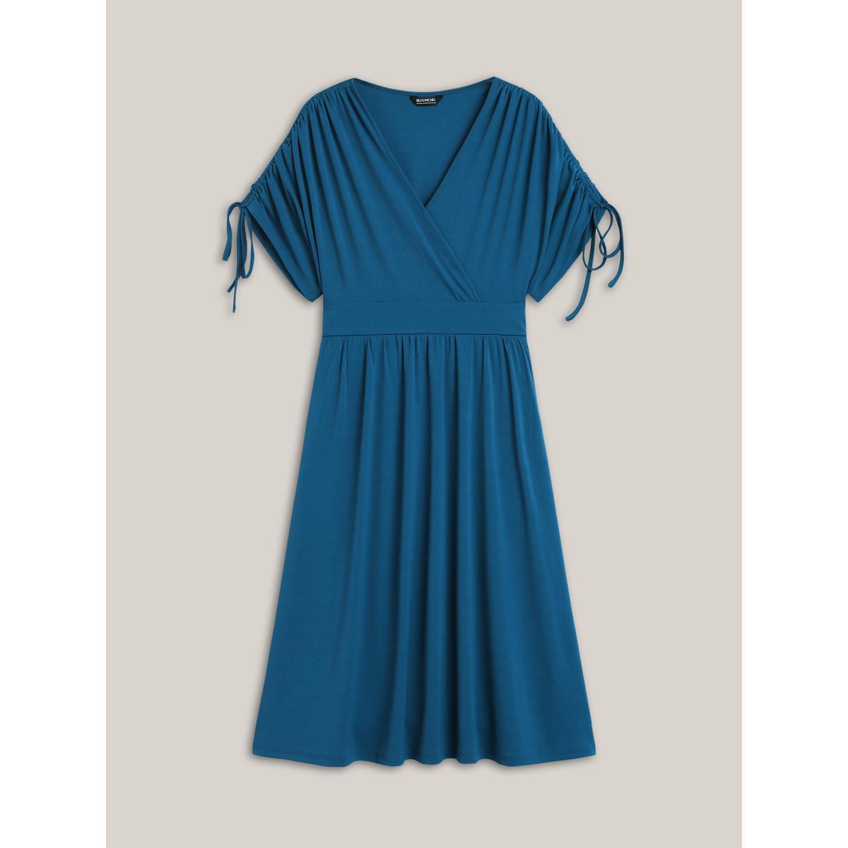 Plus Size Drawstring Shoulder Surplice Neck Stretchy Midi Dress Cyan Women Casual Drawstring Knit Dresses Bloomchic 22-24/3X Product Image