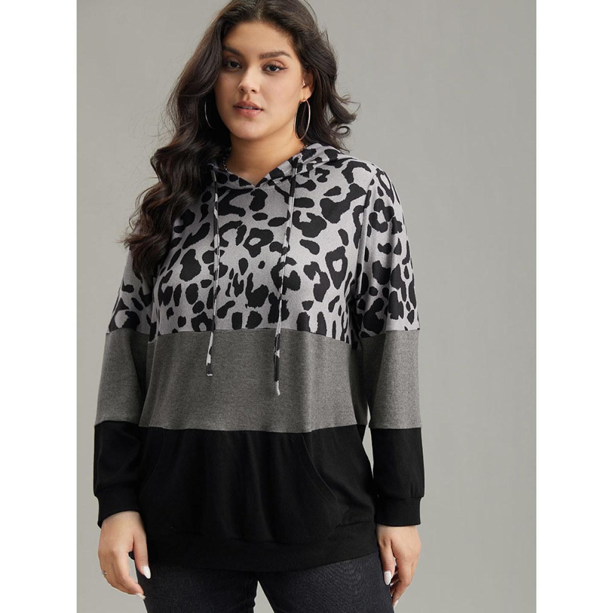 Plus Size Leopard Colorblock Contrast Hooded Drawstring Sweatshirt Women Black Casual Contrast Hooded Dailywear Sweatshirts BloomChic 30/6X Product Image