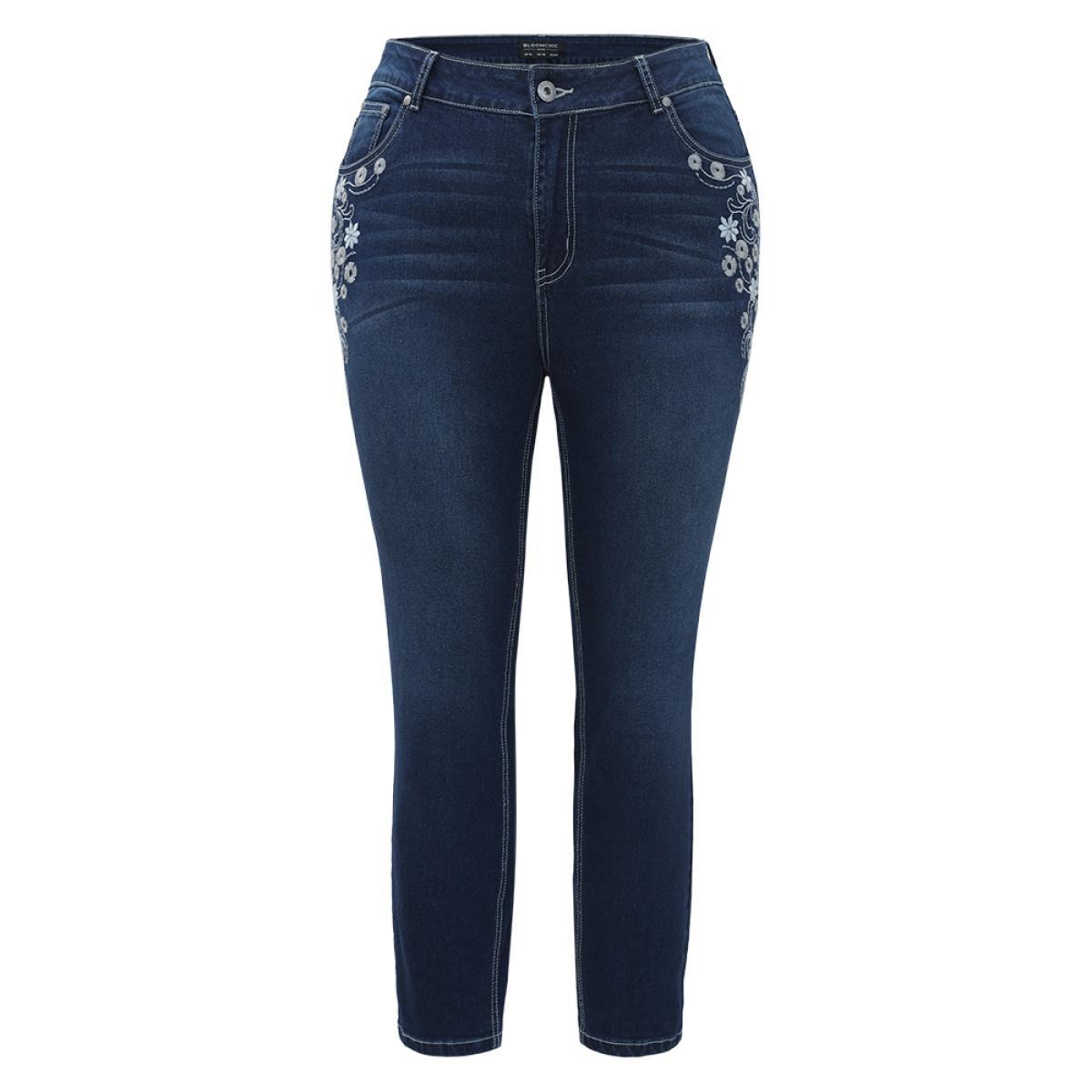 Plus Size Floral Embroidered High Rise Skinny Jeans Women DarkBlue Casual Natural Flowers Zipper High stretch Pocket Jeans BloomChic 30/6X Product Image