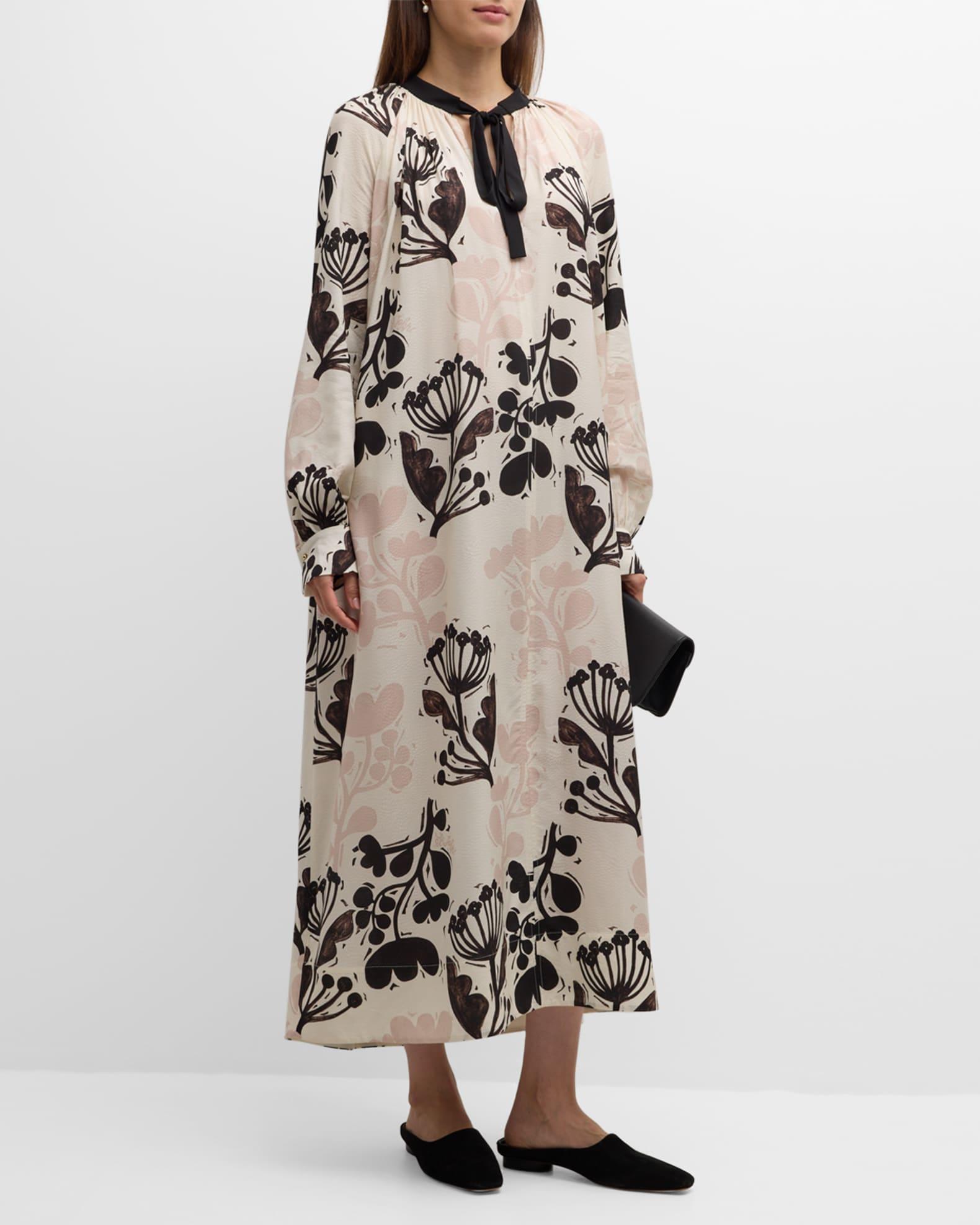 Naive Flower-Print Jacquard Neck-Tie Maxi Dress Product Image