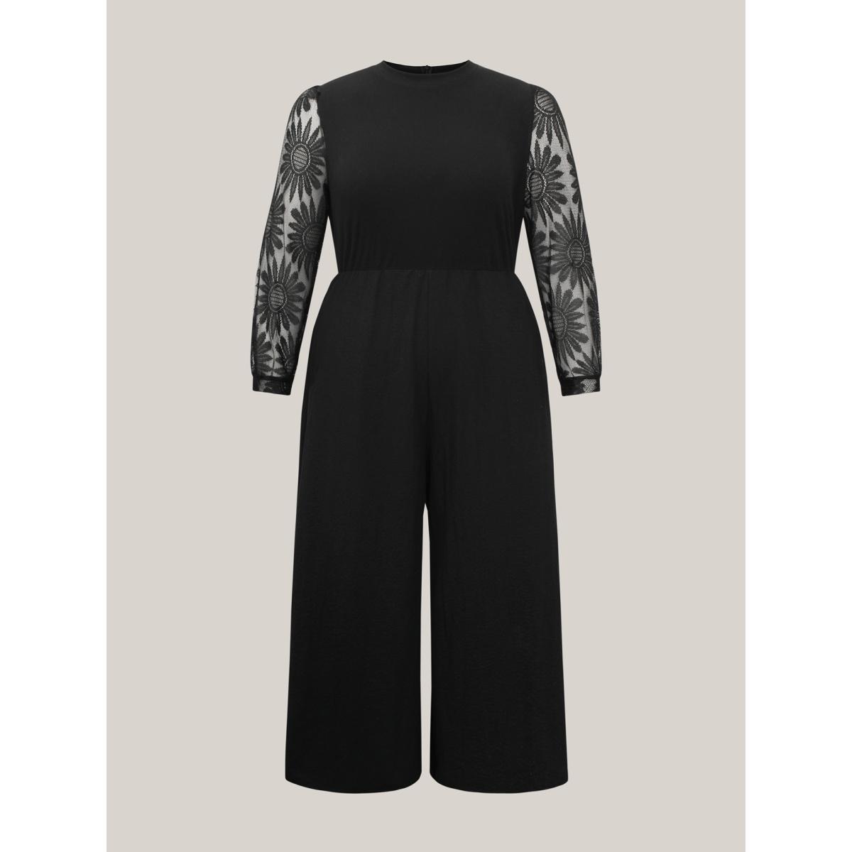 Plus Size Black Crochet Lace Mesh Mock Neck Jumpsuit Women Elegant Long Sleeve Mock Neck Everyday Loose Jumpsuits BloomChic 22-24/3X Product Image